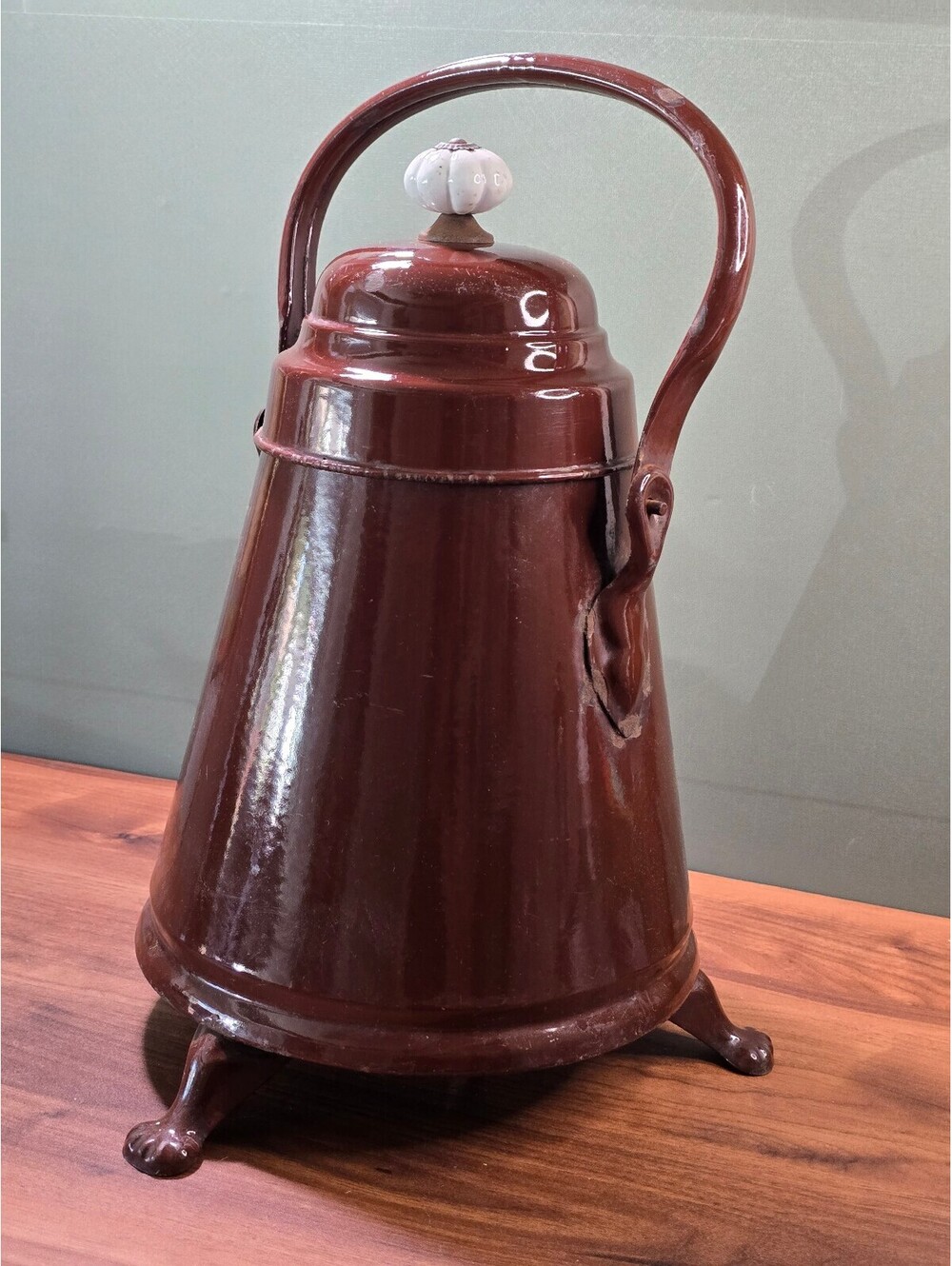 Vintage Brown Metal Log Holder with Decorative Handle and Lid